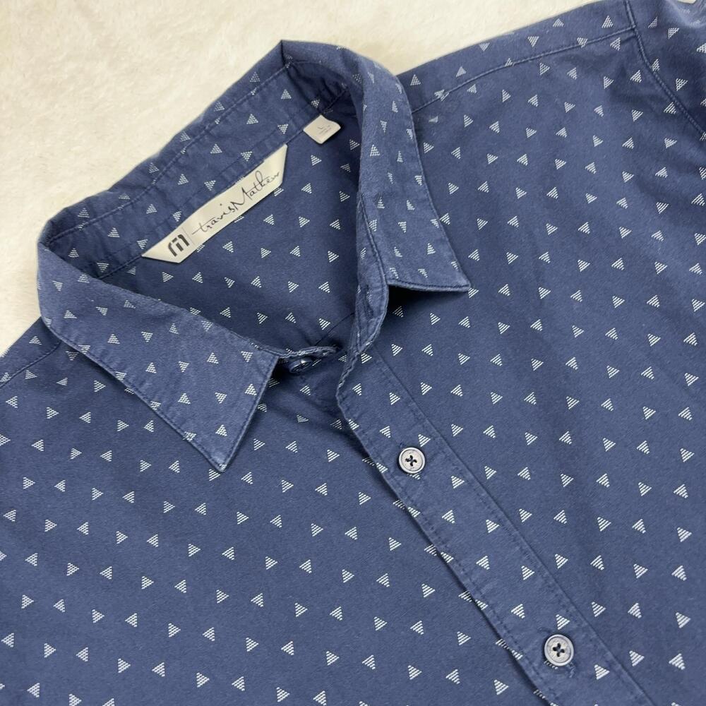 Travis Mathew Button Up Shirt Men L Blue Geometric Short Sleeve Casual